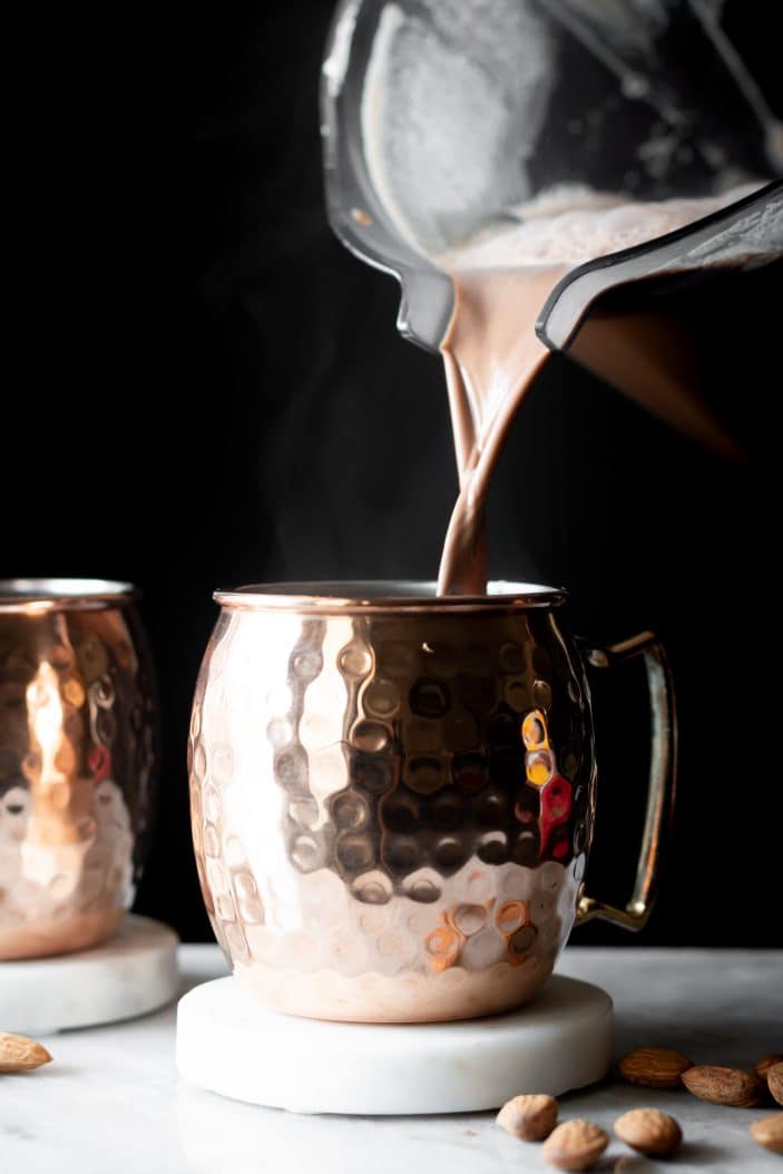 Blender Almond Hot Chocolate poured in cup