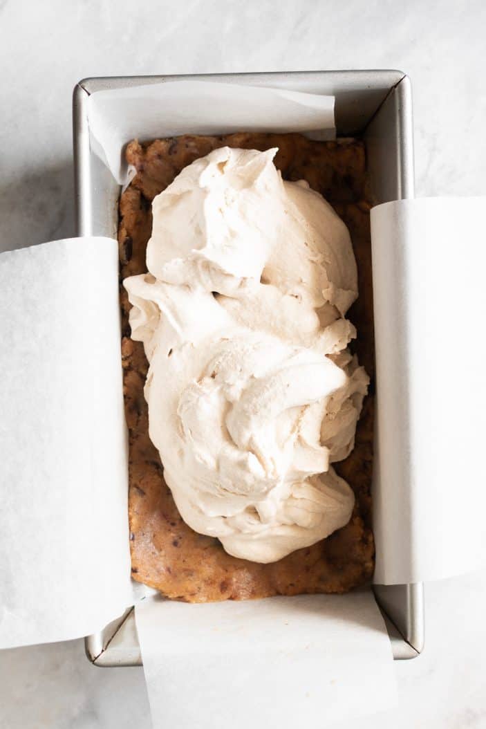 ice cream and cookie dough in a loaf pan