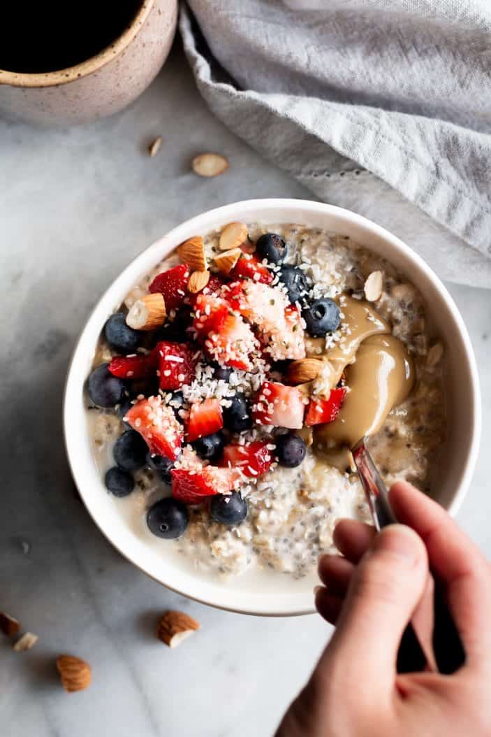 Basic Chia Overnight Oats with berries from the top
