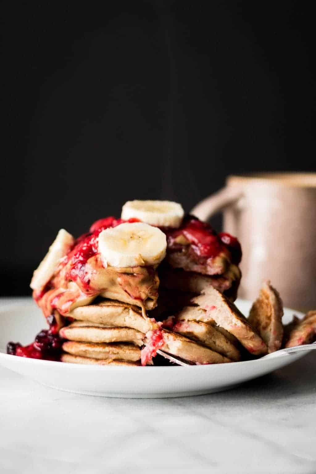 stack of banana Oatmeal Blender Pancakes cut 