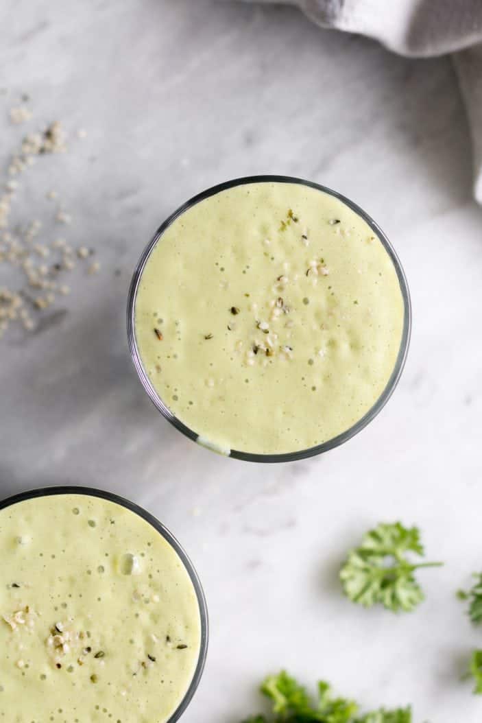 green mango smoothie in glasses from the top