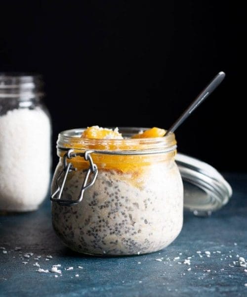 tropical coconut overnight oats in a jar