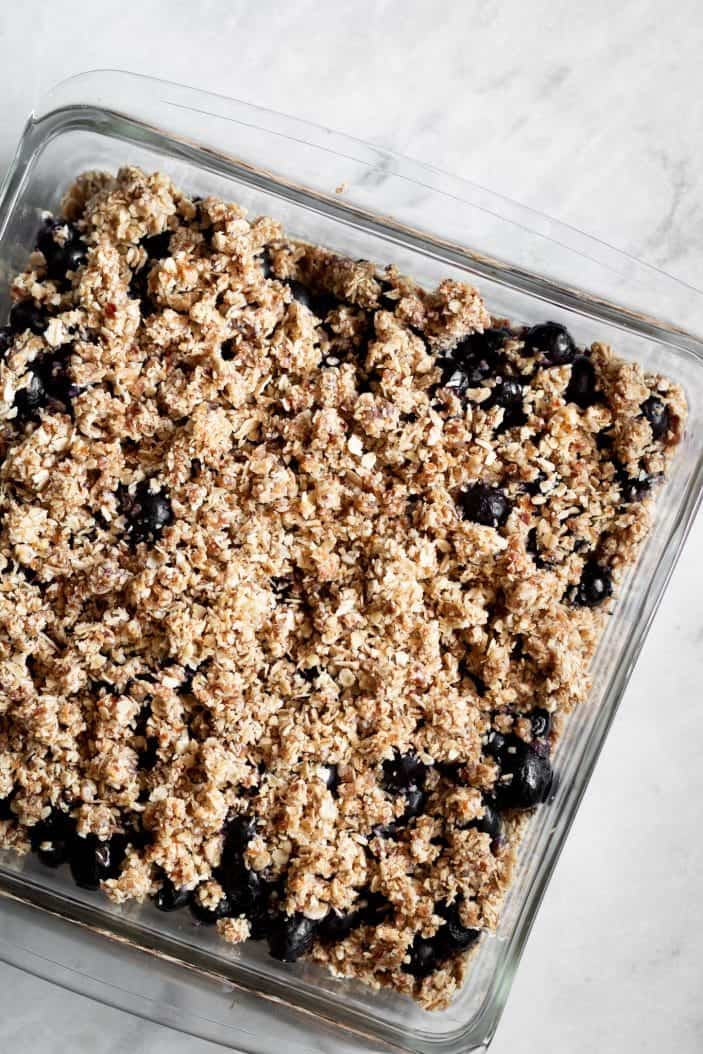 Blueberry Walnut Crumble Bars in dish