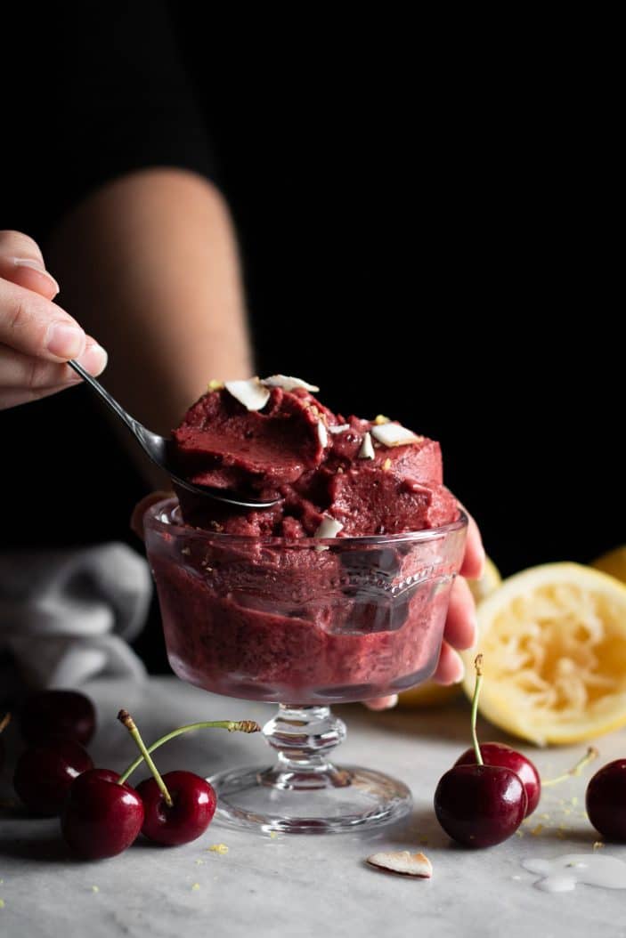 cherry coconut sorbet in a bowl