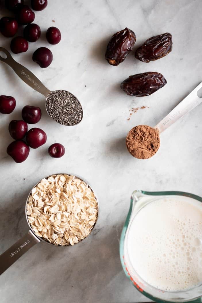 oats, milk, cocoa, cherries, dates and chia seeds