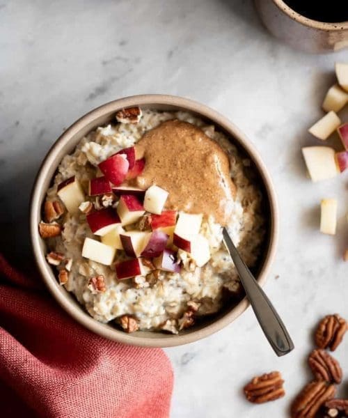 apple oatmeal in a bowl from the top