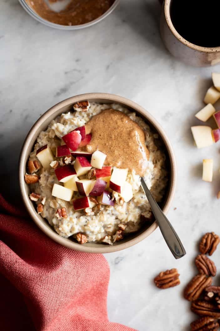 apple oatmeal in a bowl from the top