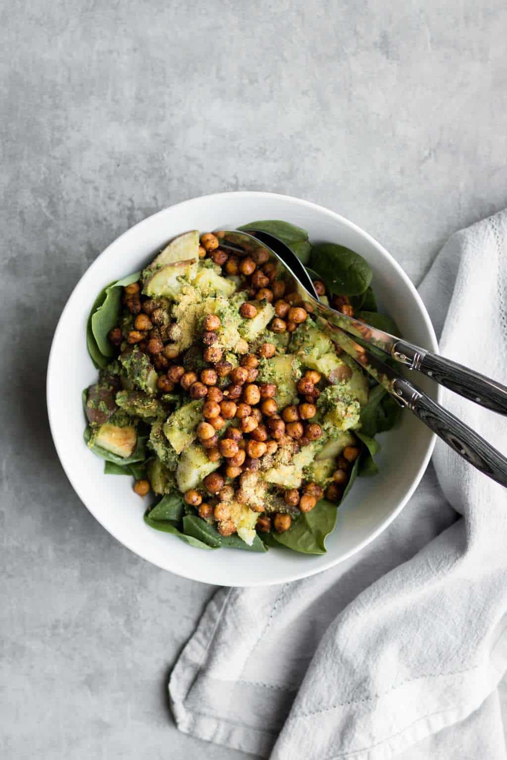 Roasted Potato Pesto Salad with Spicy Chipotle Chickpeas