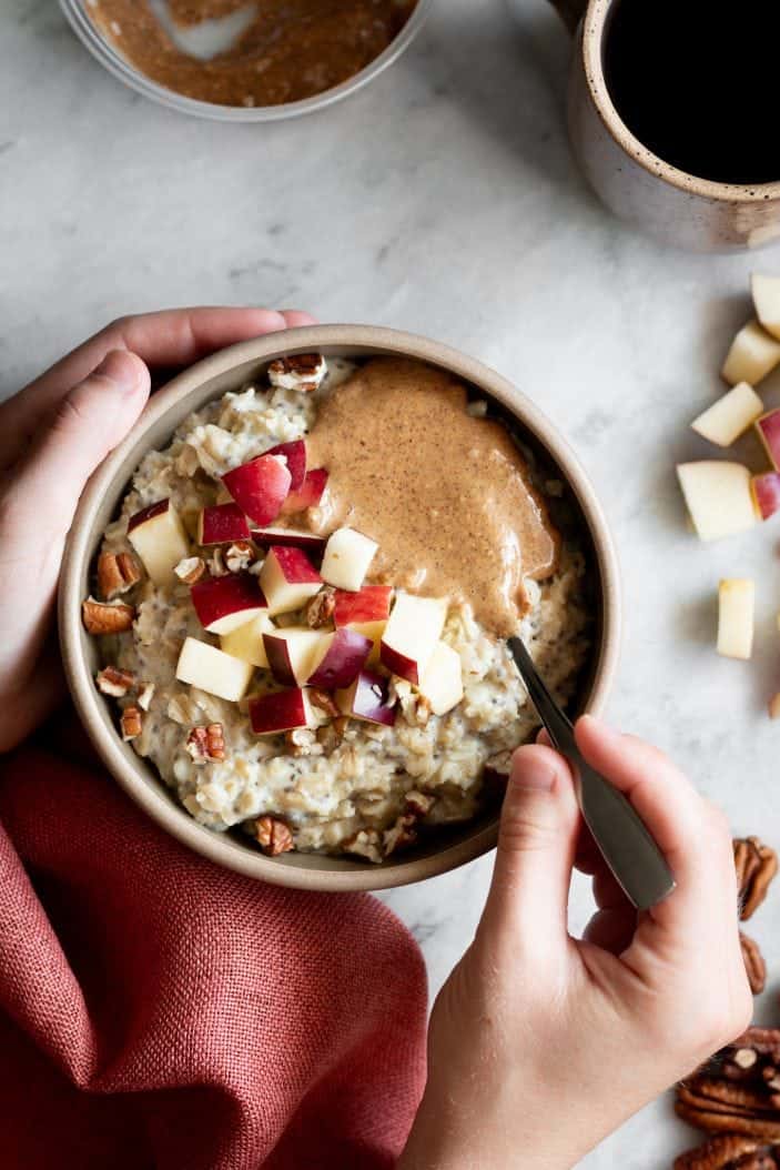 apple cinnamon oatmeal in a bowl from the top