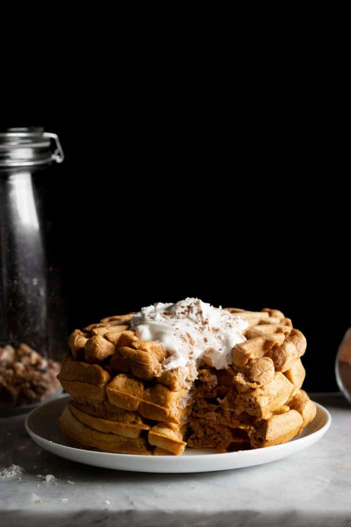 Pumpkin Chai Spiced Waffles with bite taken