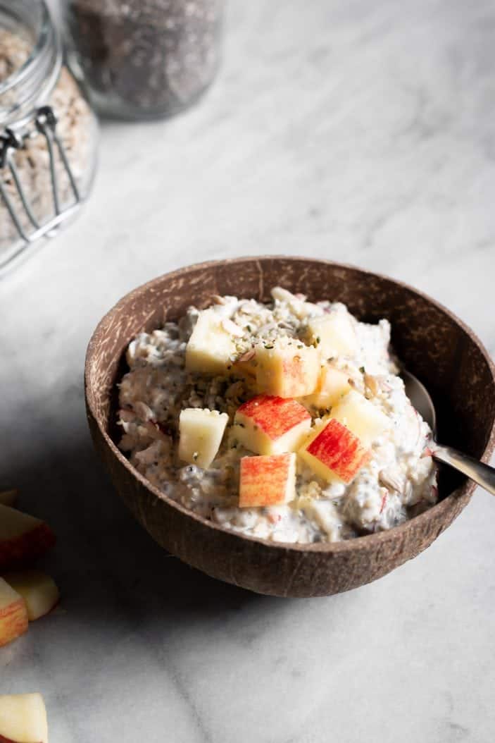 apple muesli in a bowl from the side