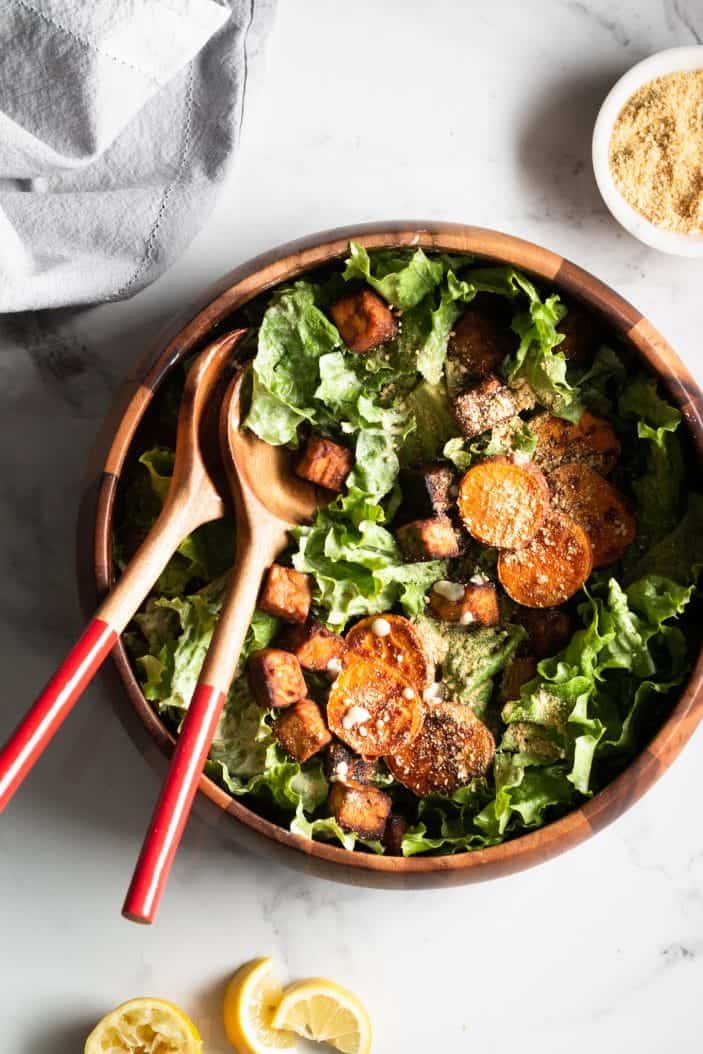 Vegan Caesar Salad with Tempeh & Roasted Sweet Potatoes