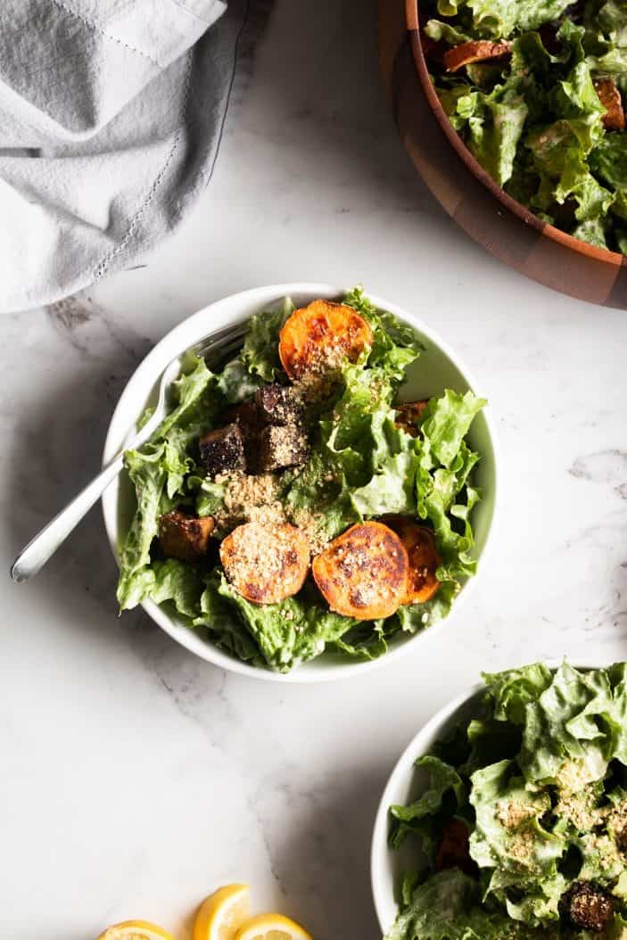 Vegan Caesar Salad with Tempeh & Sweet Potatoes