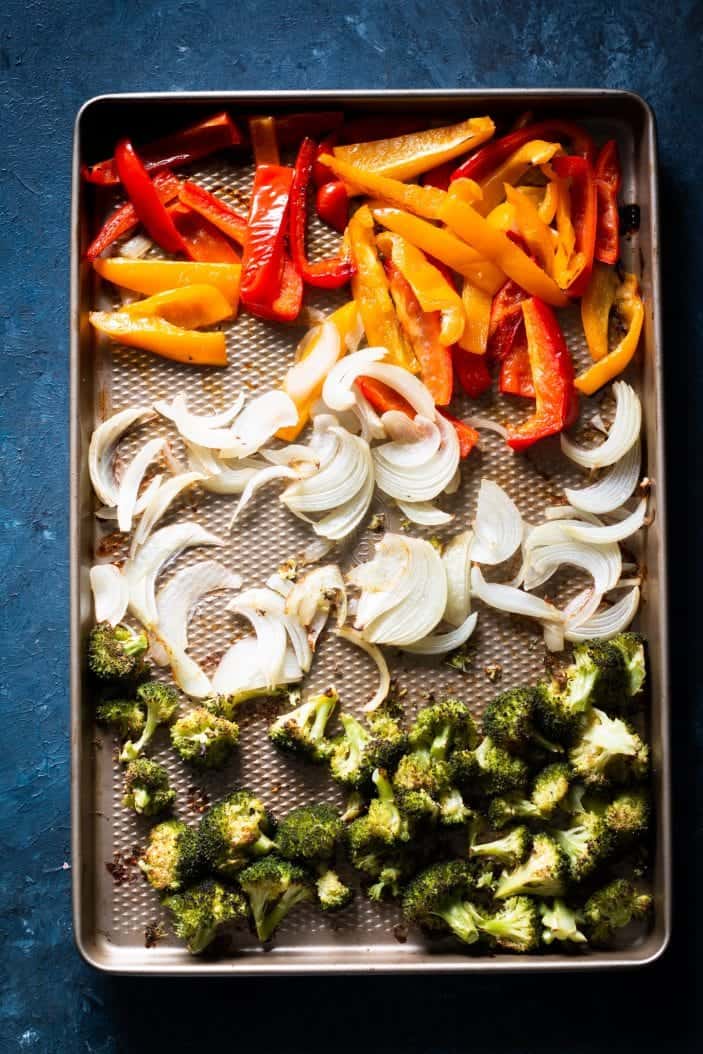 roasted vegetables on a baking sheet