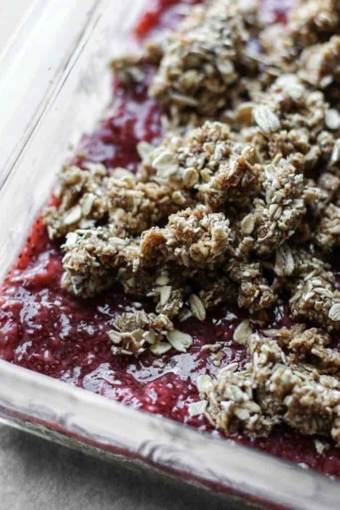 closeup of a strawberry crumble in a dish