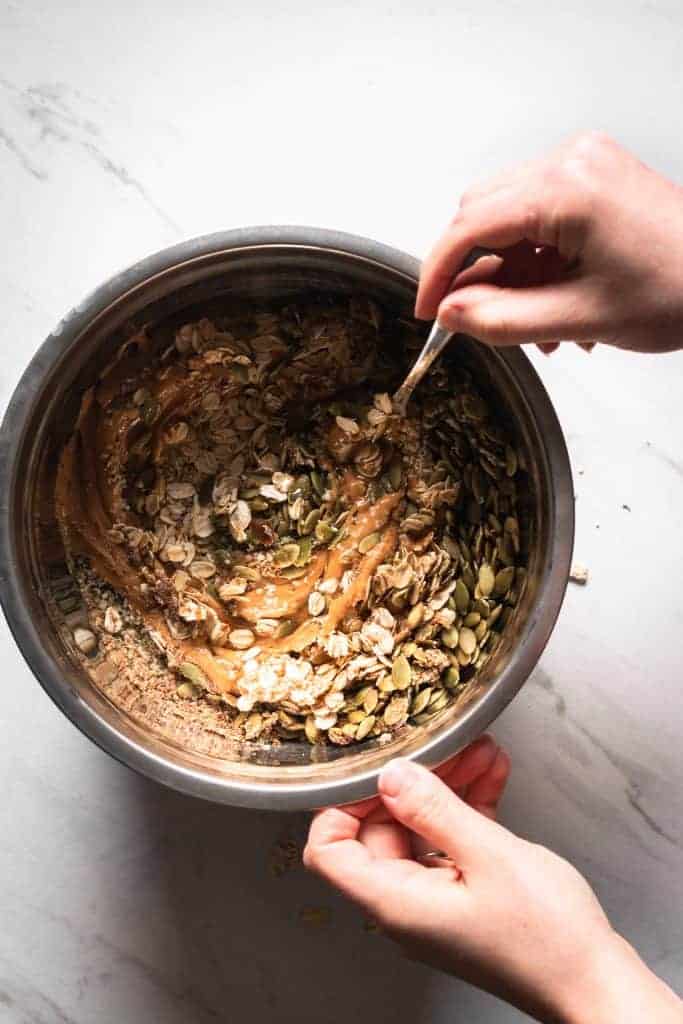 bowl with seeds, oats and peanut butter