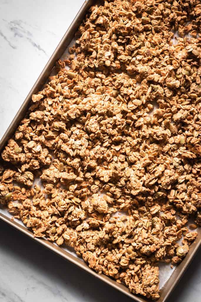 peanut butter granola on a baking sheet