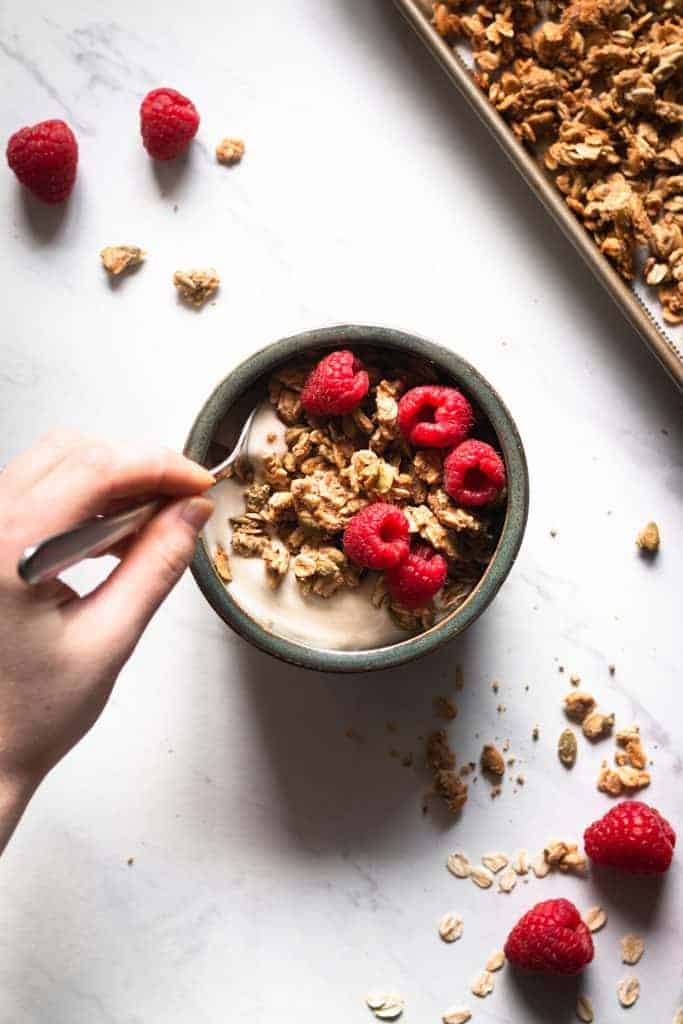 peanut butter granola with yogurt and berries