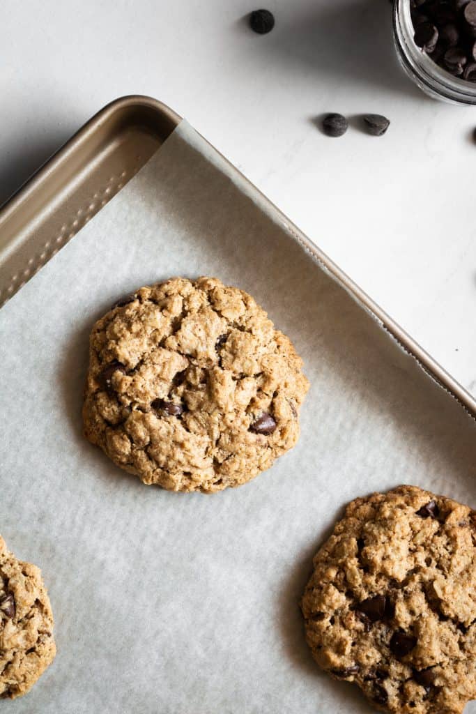 oatmeal chocolate chip cookies on baking sheet