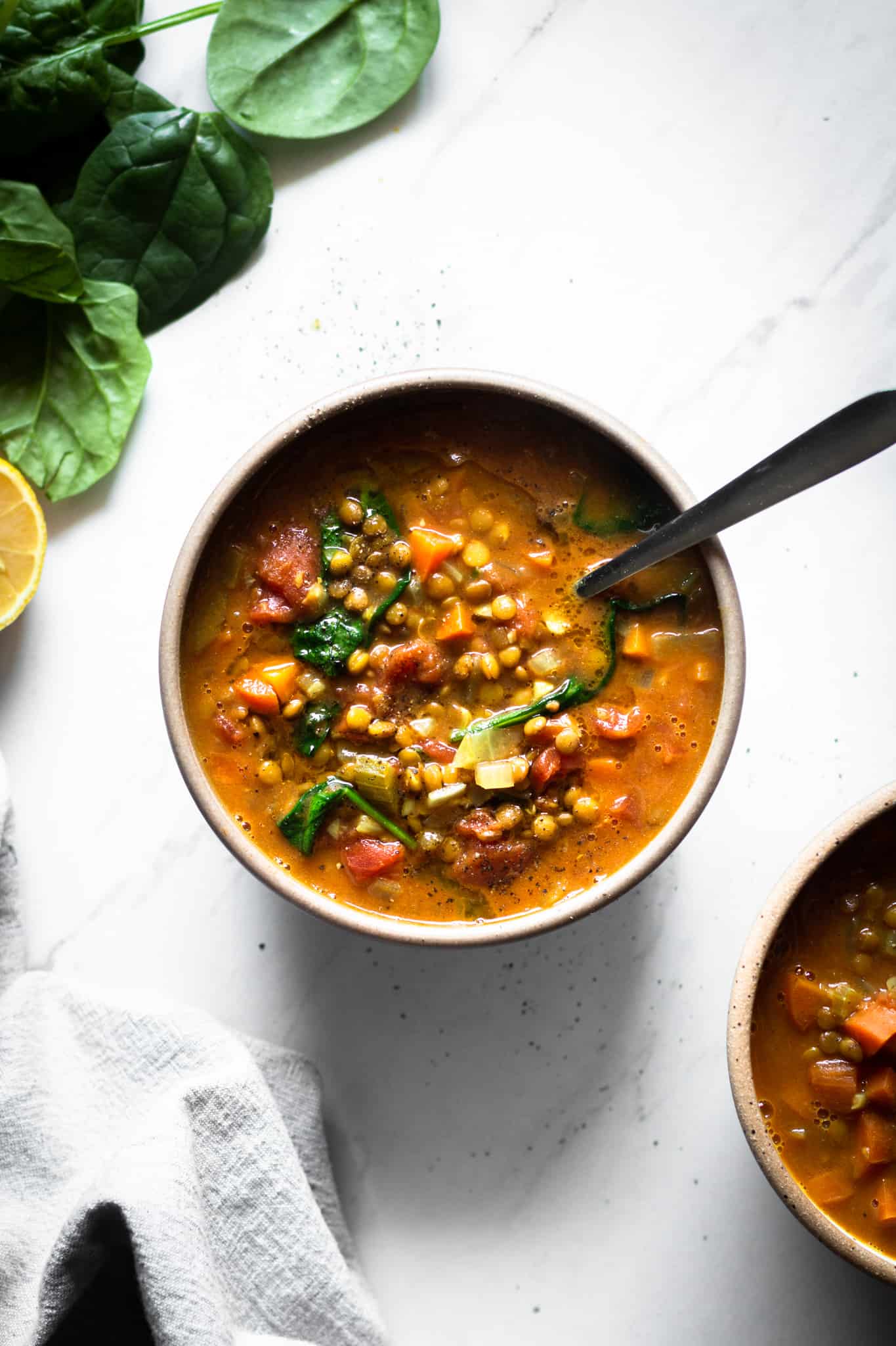 lentil soup in a bowl from the top