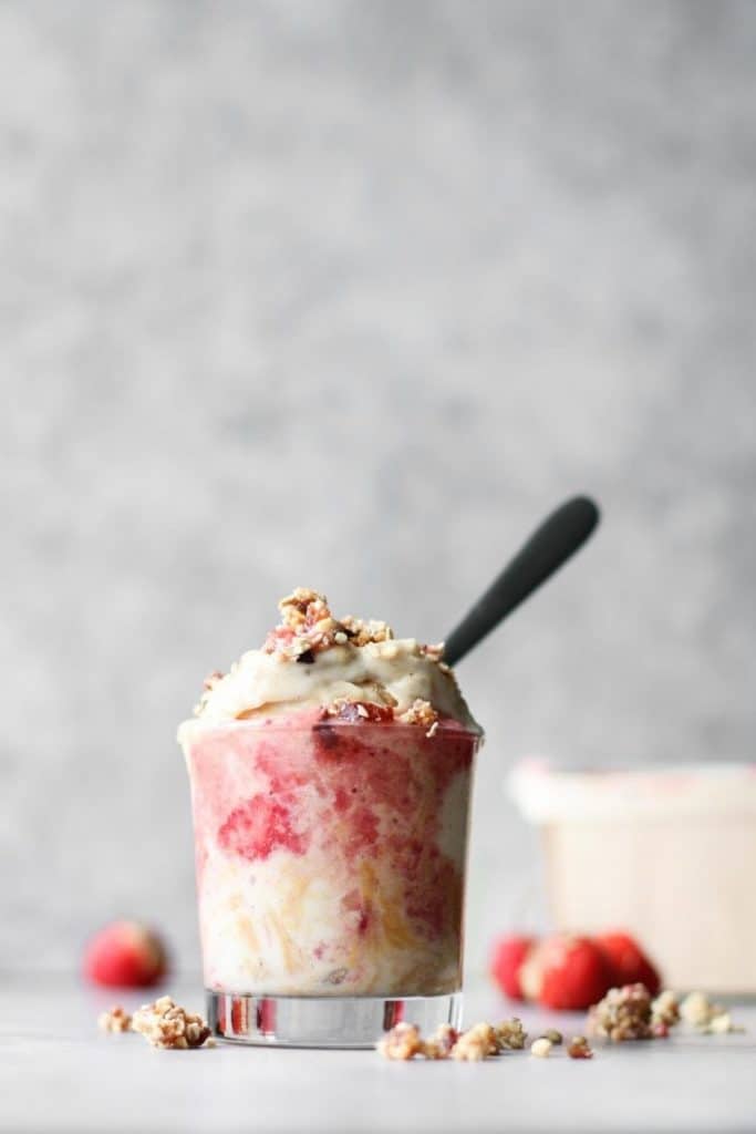 strawberry swirl ice cream in a glass