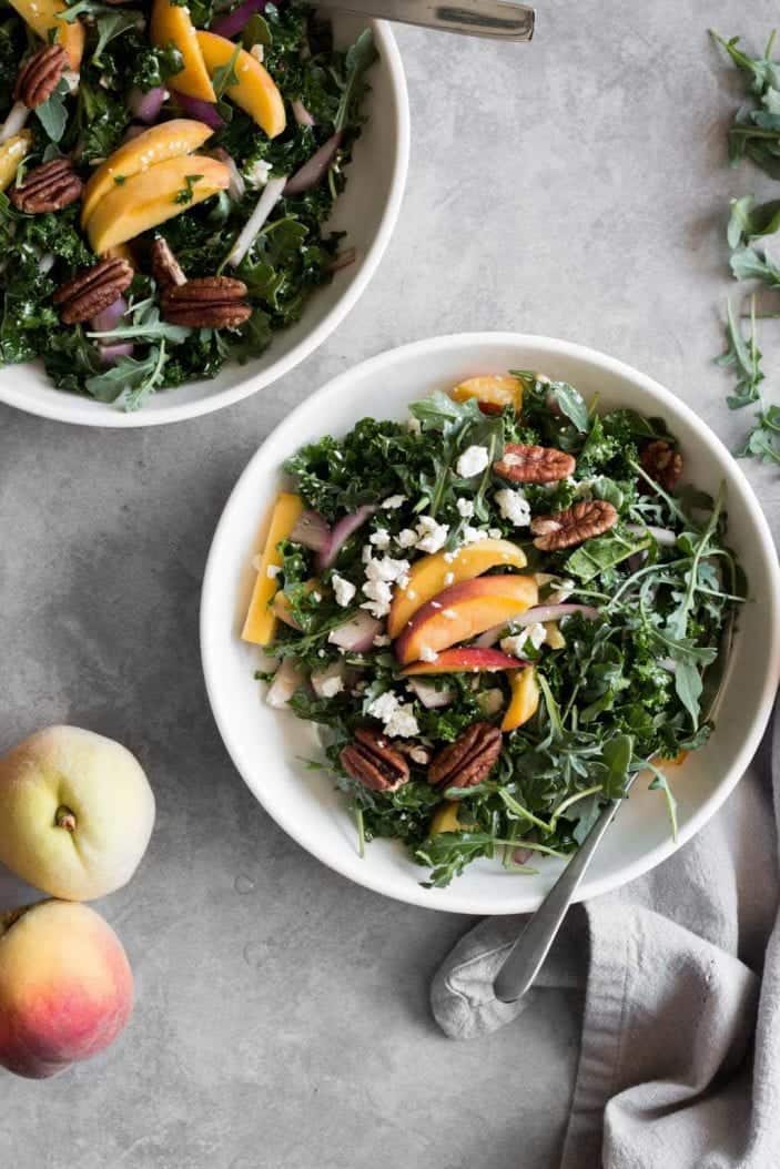 Sweet Peach Kale Salad with Feta & Toasted Pecans - August coffee break