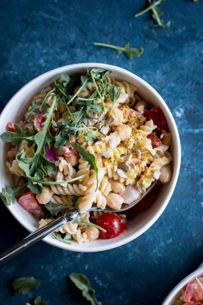 chickpea pasta salad in a bowl