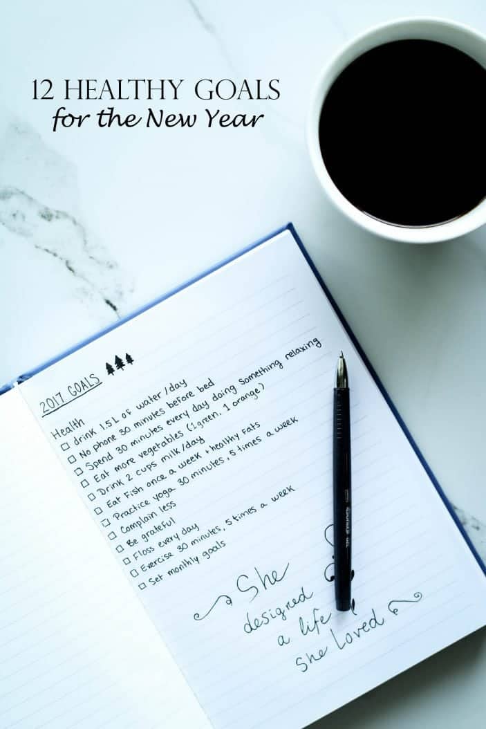 12 Healthy Goals for the New Year in a journal with a coffee on the side seen from the top. 