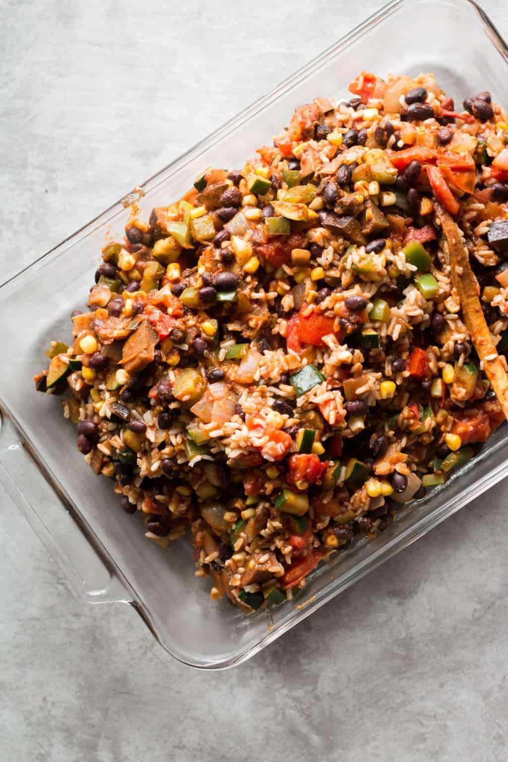 rice and vegetable mixture in a casserole dish