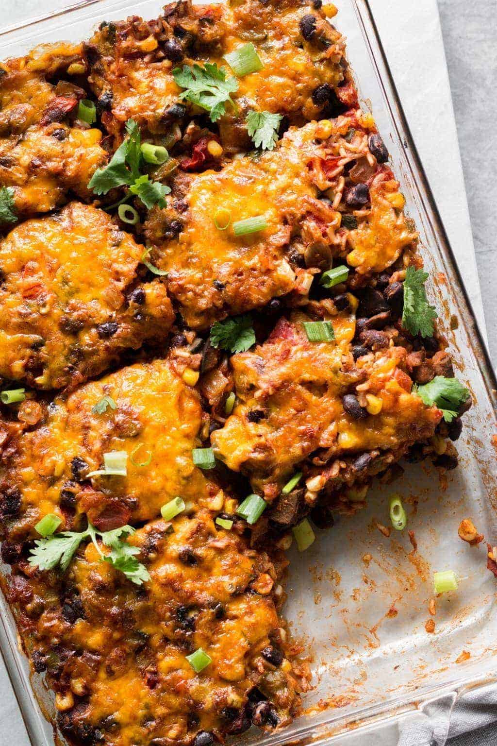 late summer vegetarian Tex-Mex casserole closeup from the top