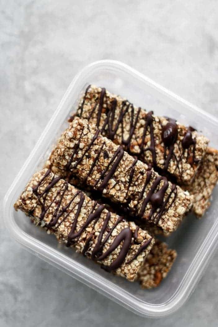 Chocolate Pretzel Quinoa Bars in a container seen from the top 