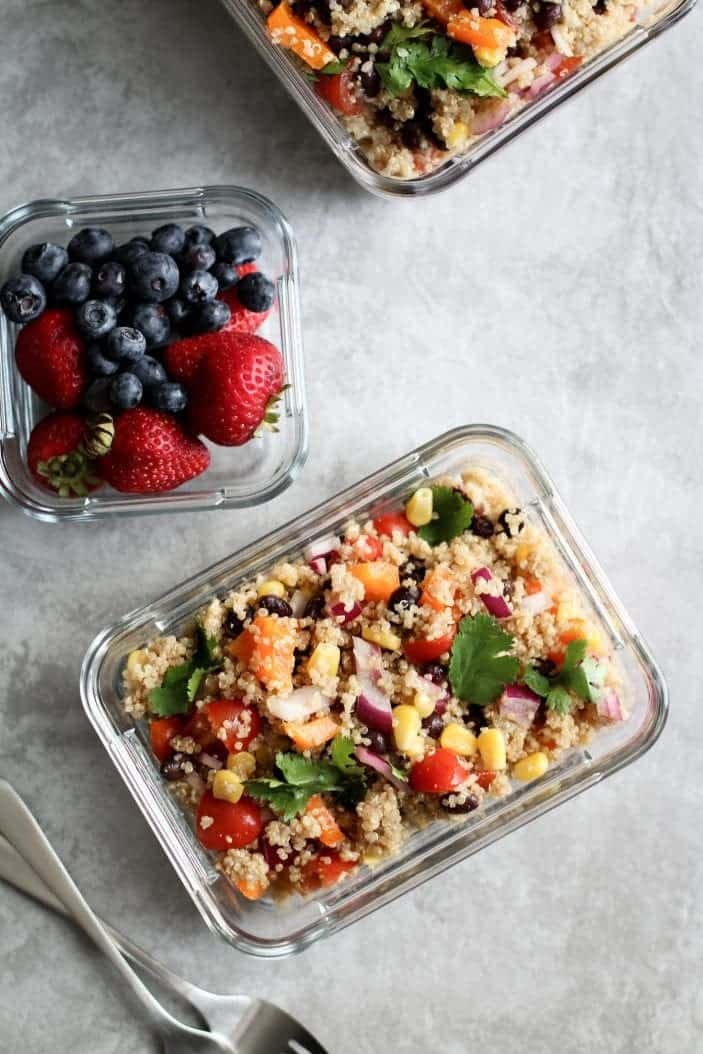 quick lunchbox southwestern quinoa salad in glass containers