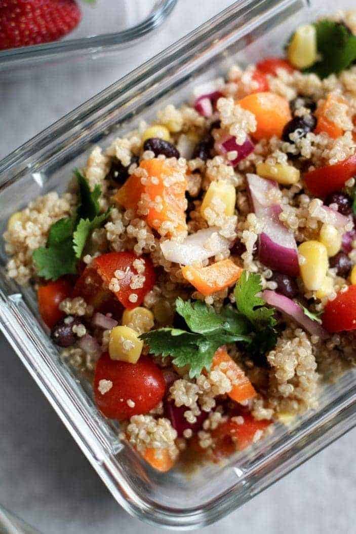 southwestern quinoa salad in a glass container