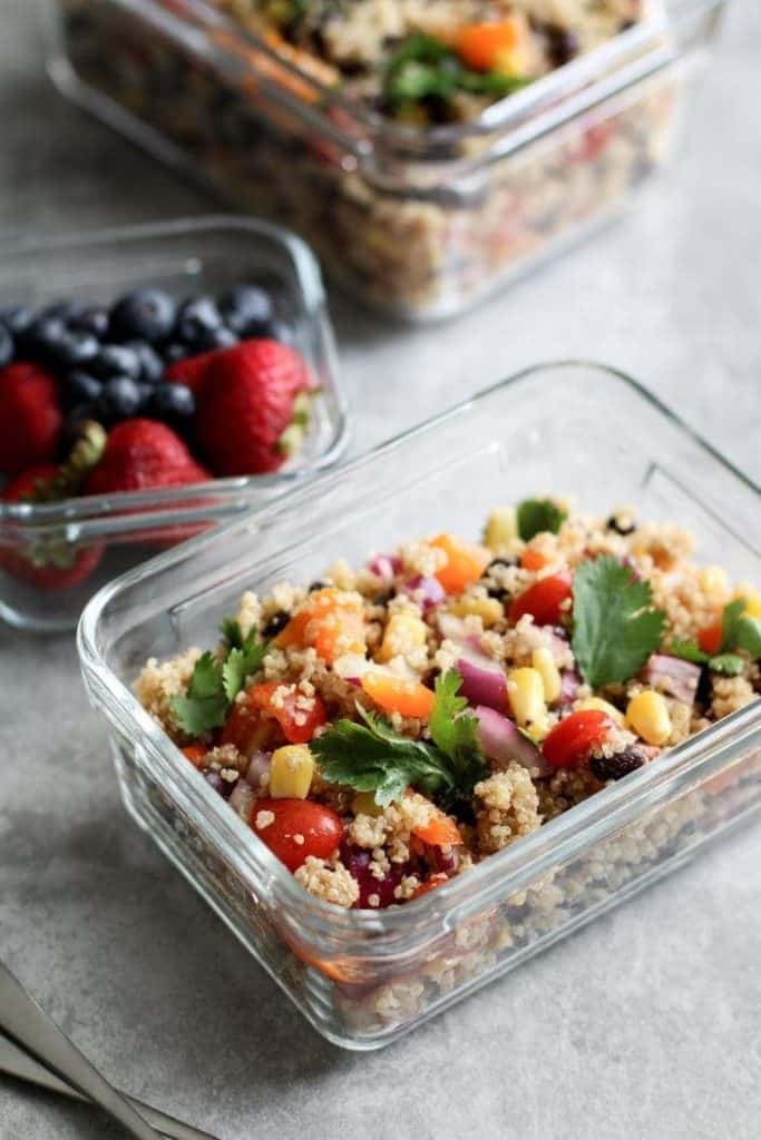 Southwestern quinoa salad in a glass container