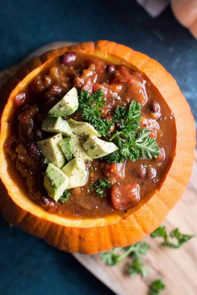 vegetarian pumpkin chili in a pumpkin