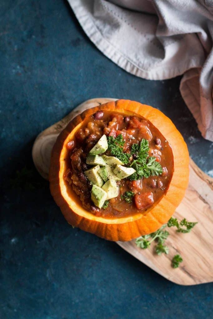 vegetarian pumpkin chili in a pumpkin