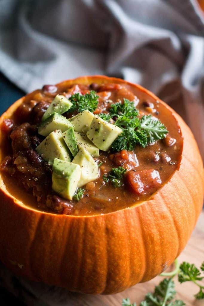 closeup of chili in a pumpkin