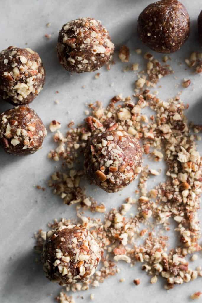 date bites rolled in chopped pecans