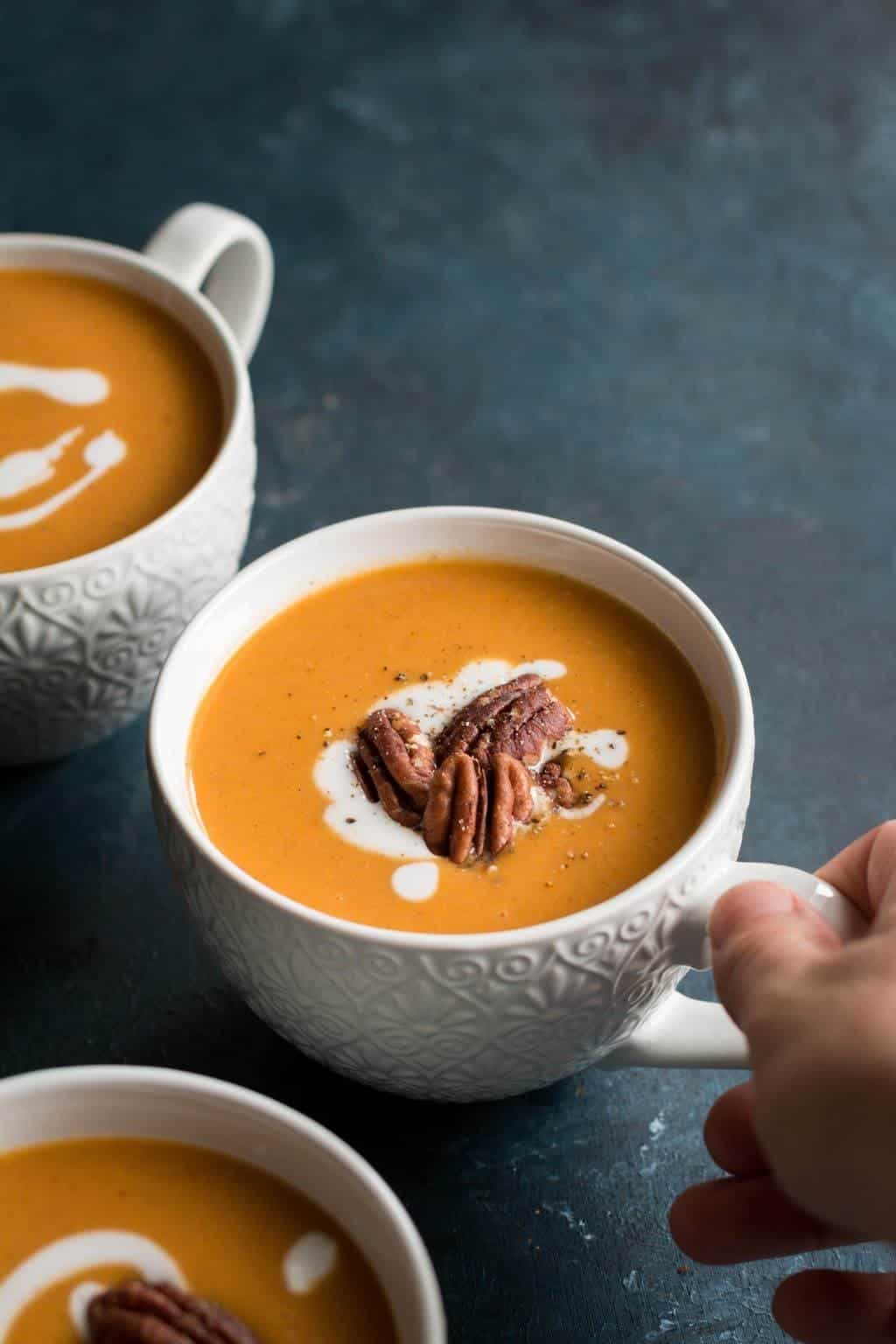 coriander sweet potato soup in a mug