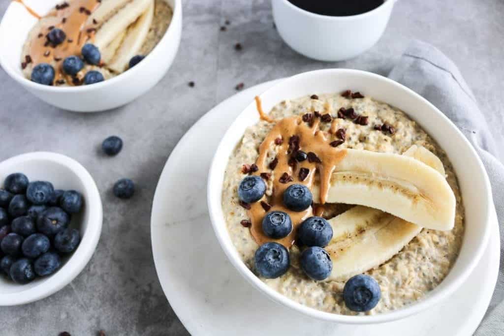 Peanut Butter Banana Oatmeal with blueberries