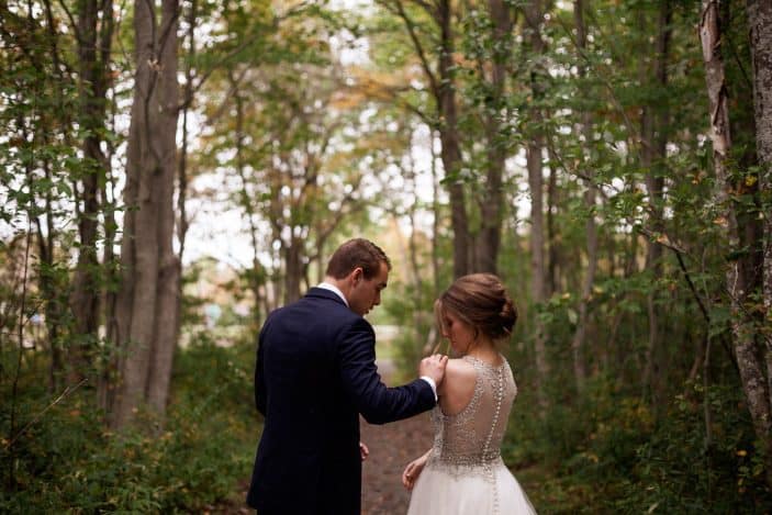 bride and groom in forest