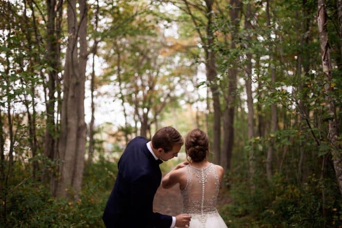 bride and groom in forest