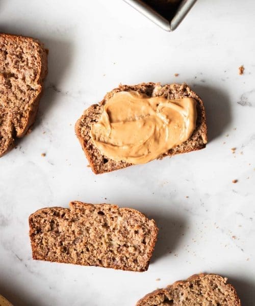 banana bread slices with peanut butter