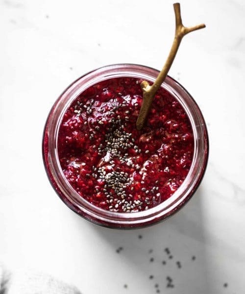 chia jam in a jar from the top