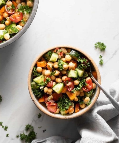 chickpea salad in a bowl from top