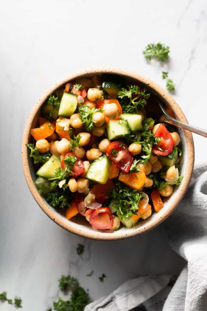 bowl of satisfying vegan chickpea salad 