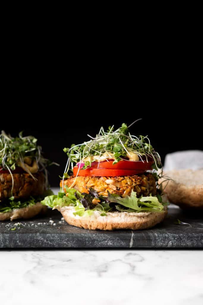 chickpea burger with toppings, from the side