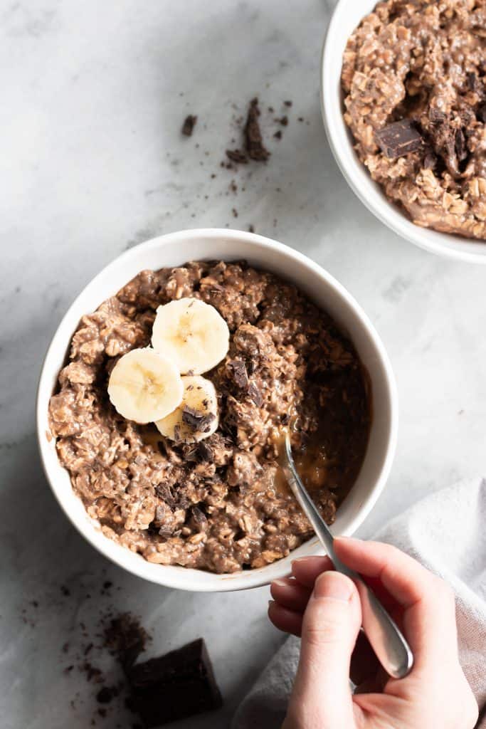 chocolate hazelnut overnight oats in a bowl