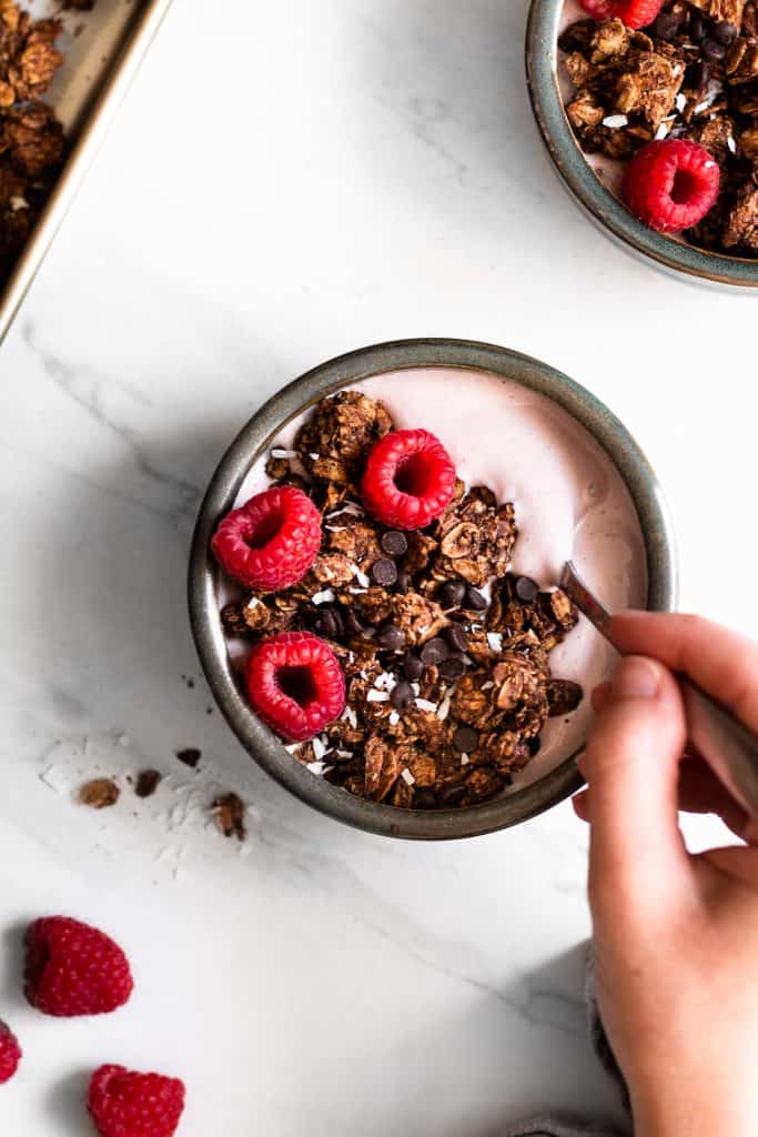 chocolate almond granola in a bowl with yogurt