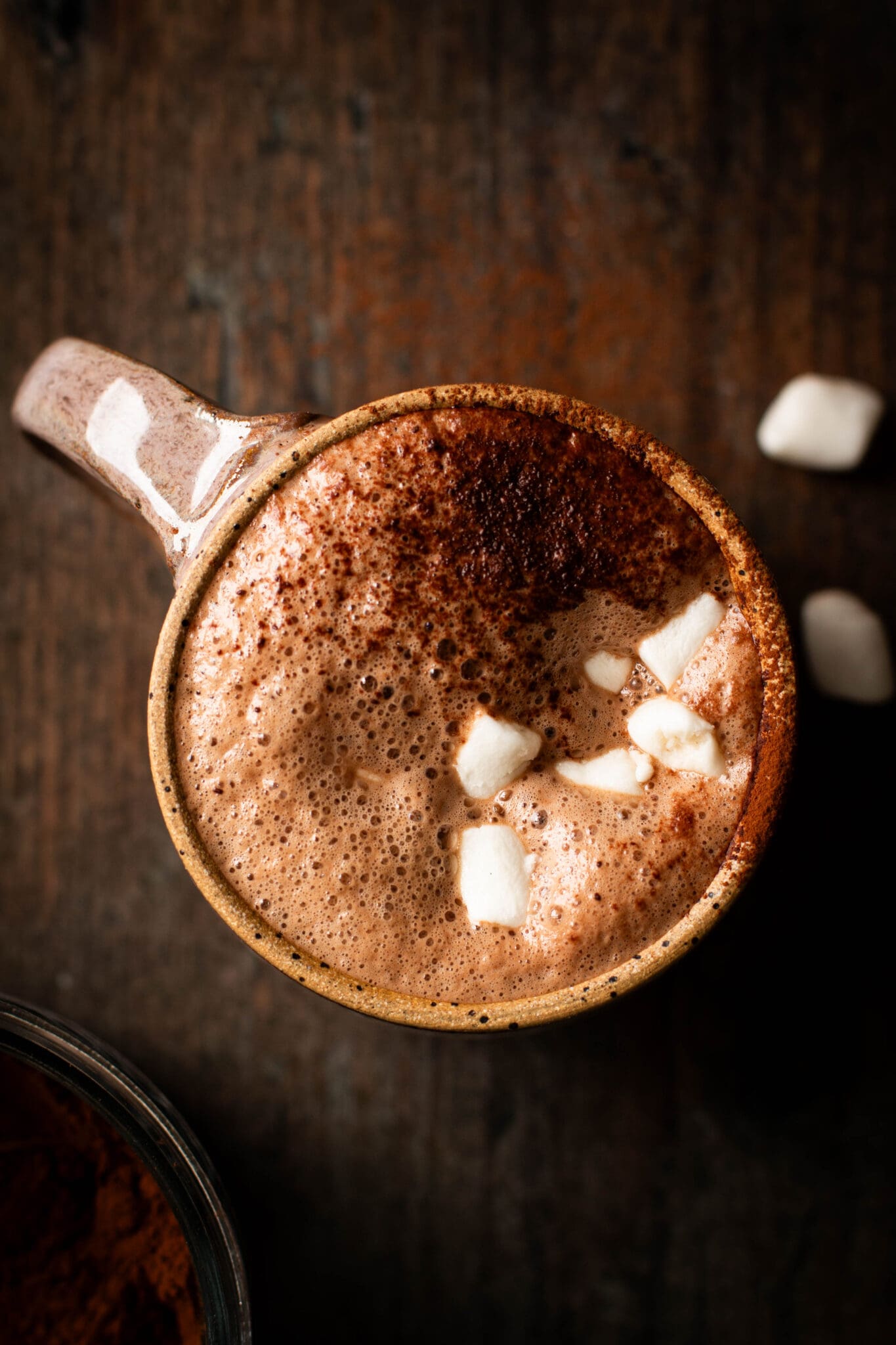 vegan salted maple hot cocoa in a mug seen from the top.